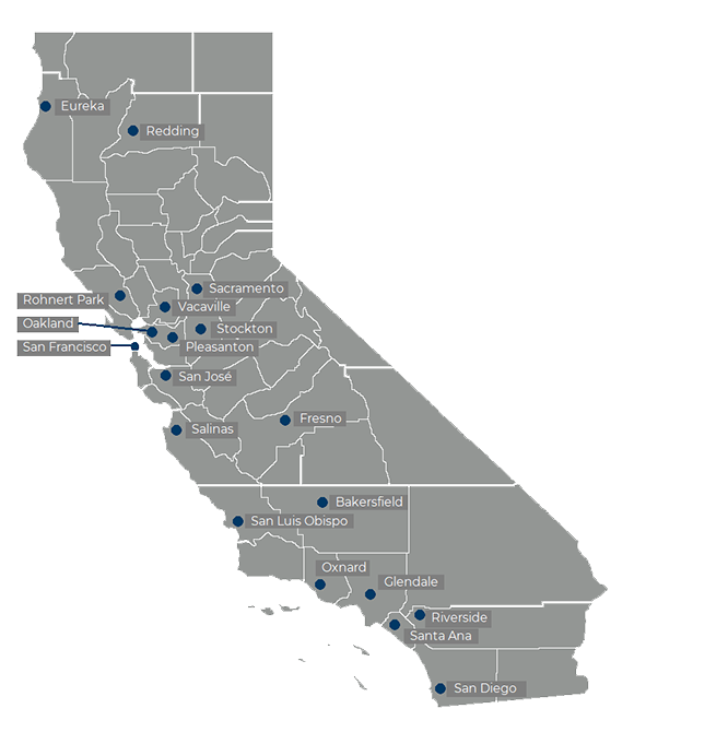 Map showing State Fund office locations in northern, central and southern California