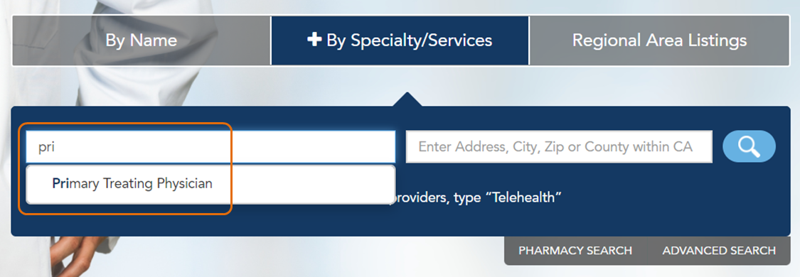 Use Auto-complete to enter Primary Treating Physician in Specialty