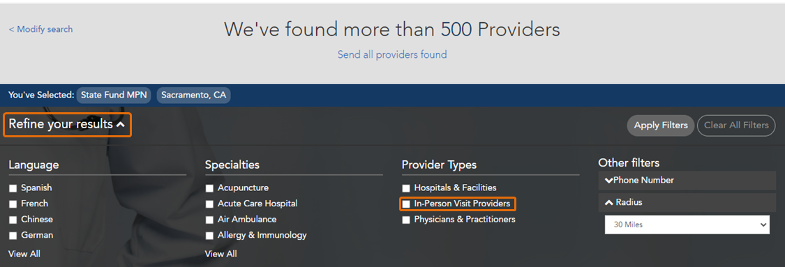 Refine your results by selecting In-Person Visit Providers