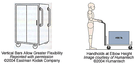 One cart with vertical bars and one with handholds at elbow height